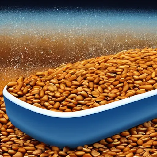 Prompt: photorealistic of the leader of the united kingdom swimming in a pool of beans