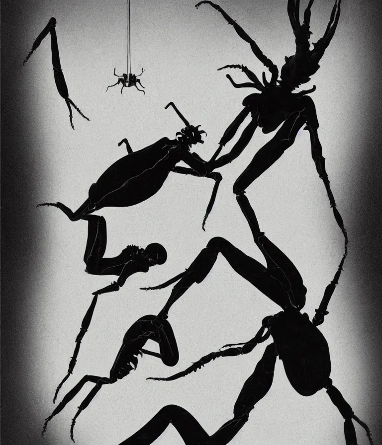 Prompt: Beautiful Minimalist!! Horror Movie Poster made for the film Kafka's the Metamorphosis (1952) Starring Peter Lorre as an insect and Directed by Fritz Lang, photo collage and oil painting by H R Giger and Hans Bellmer and Man Ray, trending on artstation dramatic lighting minimalist! collage 8k