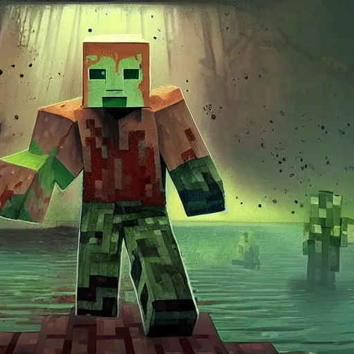 Image similar to painting by greg rutkowski of a minecraft drowned zombie with glowing cyan eyes, wearing ragged clothing and and algae growing on it, holding a trident, underwater