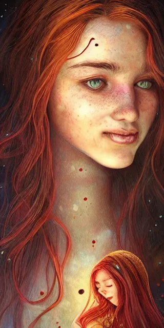 Image similar to infp young woman, smiling amazed, golden fireflies lights, sitting in the midst of nature fully covered, long loose red hair, intricate linework, green eyes, small nose with freckles, oval shape face, realistic, expressive emotions, dramatic lights mystical scene, hyper realistic ultrafine art by michael cheval, jessica rossier, boris vallejo, artgerm