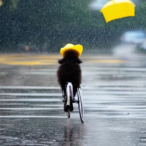 Image similar to a dog with a yellow hat riding a bike while raining