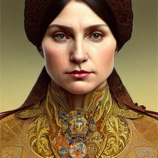 Image similar to a portrait of putin, upper half portrait, decorated with russian motifs, traditional russia, intricate, elegant, highly detailed, symmetry, headpiece, digital painting, artstation concept art smooth sharp focus, illustration, art by artgerm and greg rutkowski alphonse mucha 8 k