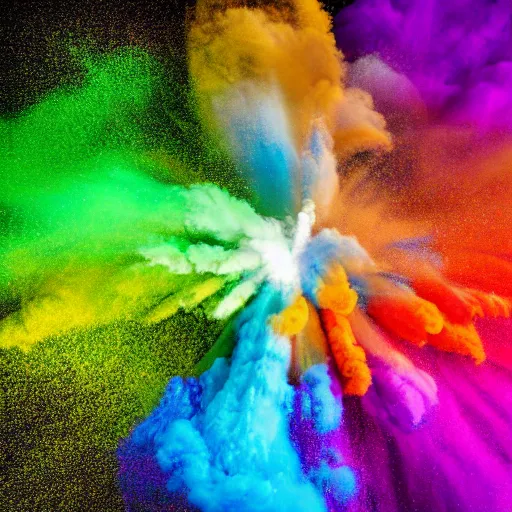 Image similar to A centered explosion of colorful powder on a black background