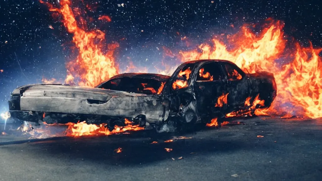 Image similar to movie still of a burning car in outer space