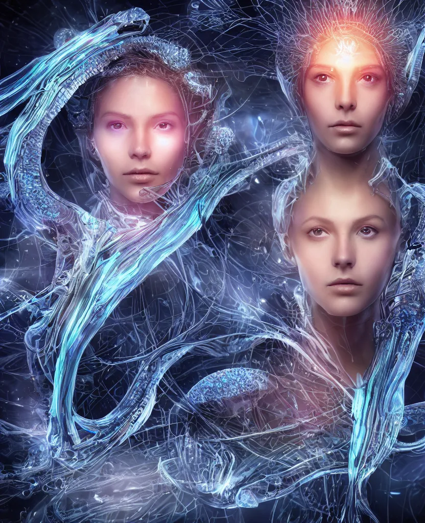 Image similar to epic futuristic ancient close-up macro portrait of the face of a beautiful princess, epic angle and pose, symmetrical artwork, 3d with depth of field, blurred background, cybernetic jellyfish crystal, obsidian, female face skull phoenix bird, translucent, nautilus, energy flows of water and fire. a highly detailed epic cinematic concept art CG render. made in Maya, Blender and Photoshop, octane render, excellent composition, cinematic dystopian brutalist atmosphere, dynamic dramatic cinematic lighting, aesthetic, very inspirational, arthouse. y Greg Rutkowski, Ilya Kuvshinov, WLOP, Stanley Artgerm Lau, Ruan Jia and Fenghua Zhong