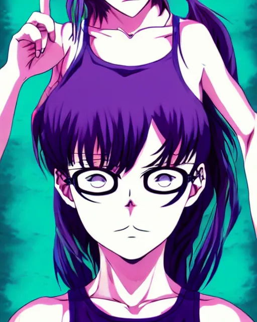 Image similar to style of madhouse studio anime, black lagoon manga, loish, artgerm, comic art, portrait of revy from black lagoon, symmetrical eyes and symmetrical face, jean shorts, white tank top, purple hair, sarcastic evil smirk on face, sky and ocean background