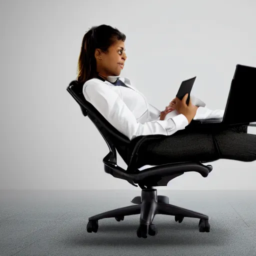Image similar to person lounging in a computer chair, legs sprawled out left leg on the floor, right leg dangling over the right arm of the chair