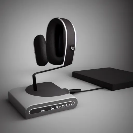 Image similar to headphone stand, futuristic, techno, cyberpunk, product design, 3 d render, 3 d concept, fun, swag