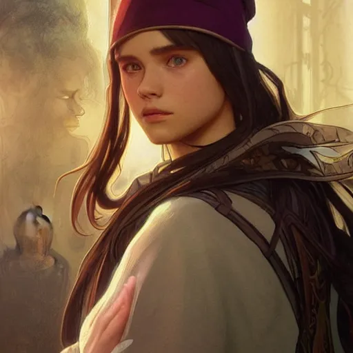 Image similar to a realistic wizard teenager wearing a wizard cap, sharp focus, illustration, art by artgerm and greg rutkowski and alphonse mucha