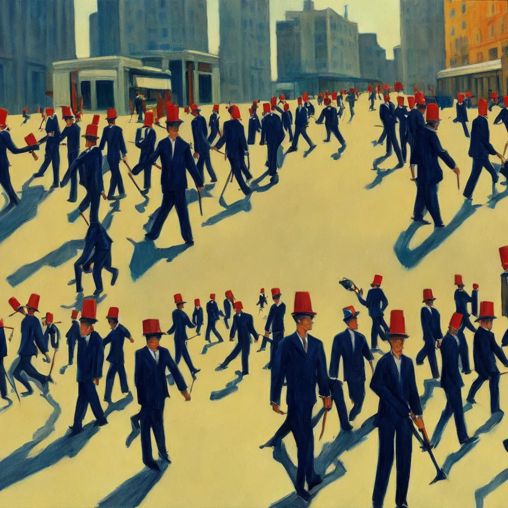 Image similar to painting of marching men in business suits, in a dystopian city, in the style of edward hopper