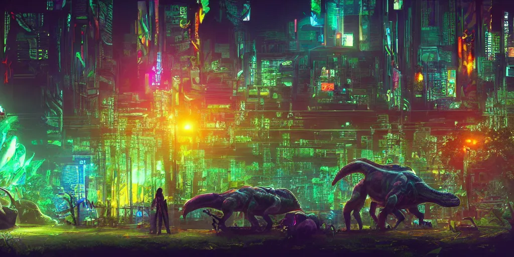 Prompt: a beautiful painting of a lush cyberpunk city with dinosaurs grazing in parks by ridley scott, vivid colours, cinematic lighting, fine details, 8 k | | digital artwork made by greg rutswork, anna dittmann and lois van barlee, symmetrical neon rim light, anatomically correct