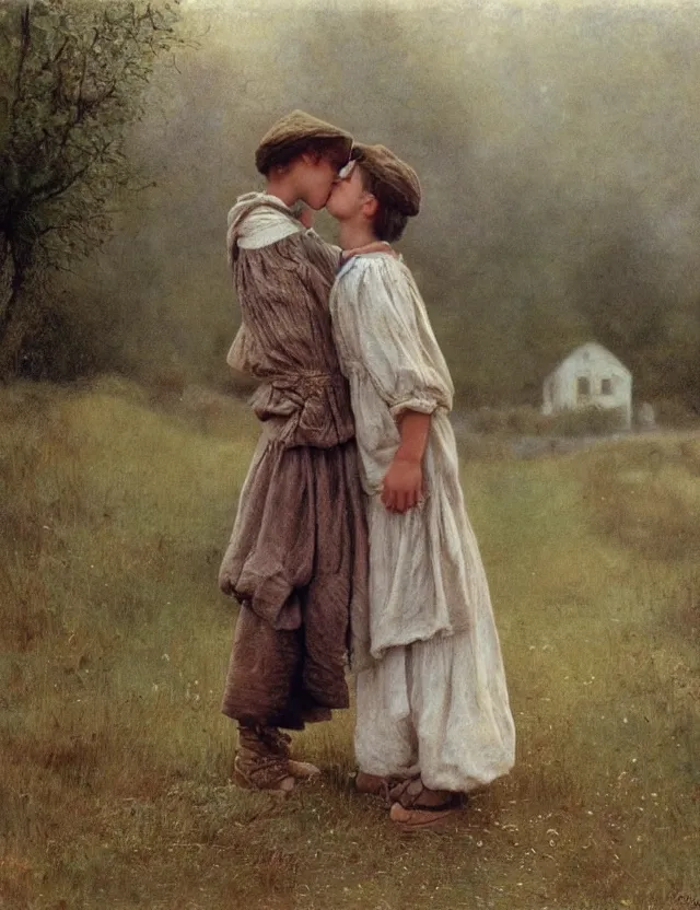 Image similar to peasant boy and girl first kiss, on a village, Cinematic focus, Polaroid photo, vintage, neutral colors, soft lights, foggy, by Steve Hanks, by Serov Valentin, by lisa yuskavage, by Andrei Tarkovsky 8k render, detailed, oil on canvas