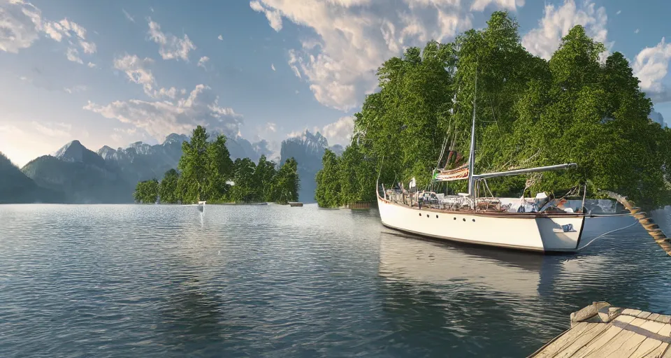 Image similar to A beautiful hyper realistic ultra detailed lifelike matte painting of traditional austrian sailboat on a lake, unreal engine, deviantart, flickr, artstation, octane render, textured, colorful, extreme realistic detail, physically based rendering, pbr render, very detailed, volumetric lighting, detailed lighting, octane render, 4k, cinematic lighting, 8k resolution