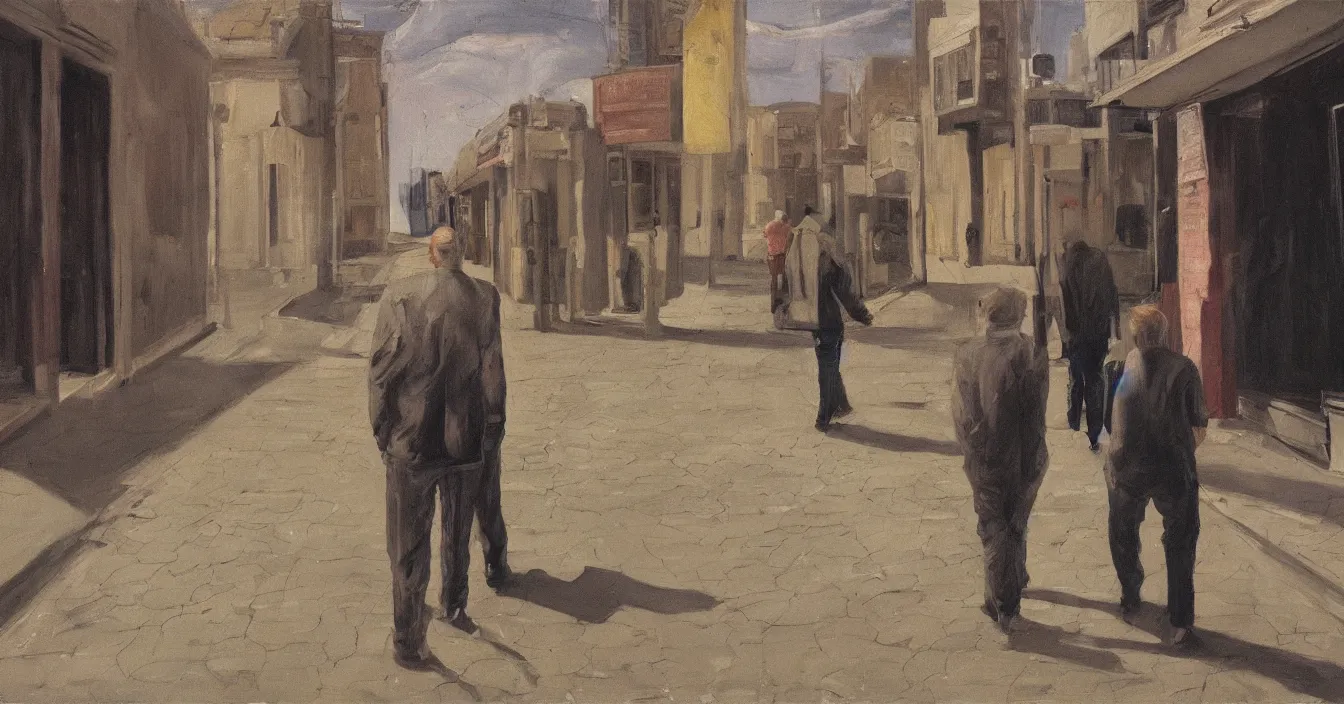 Prompt: high quality high detail painting of todd solondz walking with a friend in an empty tel aviv street, night, by lucian freud and gregory crewdson and francis bacon, hd, photorealistic lighting