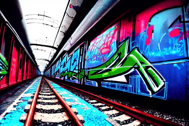 Prompt: graffiti painted on a train in a cyberpunk city, cinematic shot