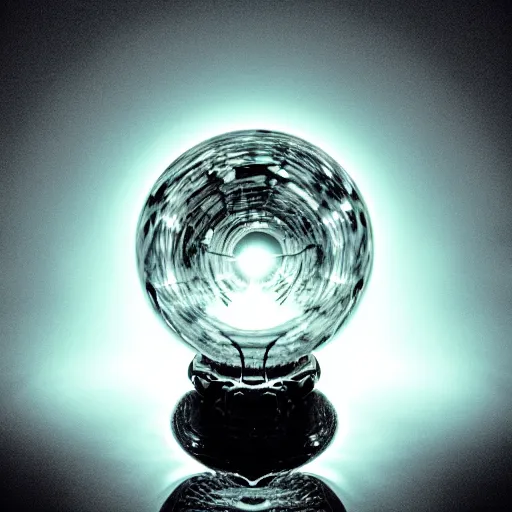 Image similar to A reflective crystal ball sitting on a table, glowing background lights, moody, magic, by Michael Kincade