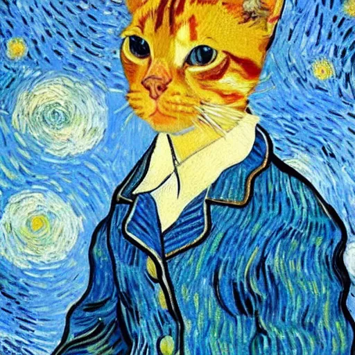 Image similar to Van Gogh portrait of a ginger tabby cat wearing a beautiful outfit