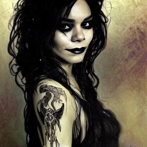 Image similar to beautiful portrait of vanessa hudgens as death from sandman, smiling, by cedric peyravernay, alphonse mucha, by jeremy mann, by lecouffe deharme, goth chic, soft lightning, eyeliner, punk rock, high detailed, 8 k