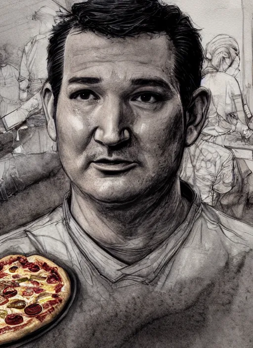 Prompt: portrait, Ted Cruz making a pizza, watercolor, dramatic lighting, cinematic, establishing shot, extremely high detail, foto realistic, cinematic lighting, pen and ink, intricate line drawings, by Yoshitaka Amano, Ruan Jia, Kentaro Miura, Artgerm, post processed, concept art, artstation, matte painting, style by eddie mendoza, raphael lacoste, alex ross