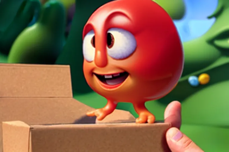 Image similar to an anthropomorphic jelly bean, happy and holding a box, pixar