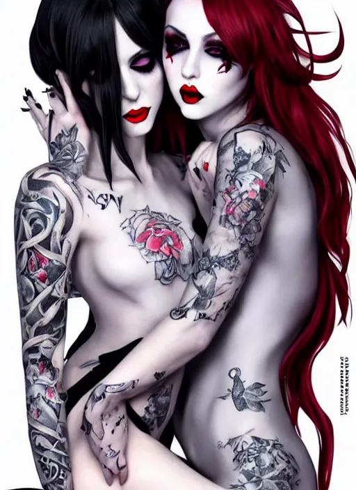 Image similar to a full body shot of two feminine pale skin cosplay beautiful goth girls hugging each other in close proximity, light gray eyes, big red lips, black hair, feet posing, goth style, fully tattooed body, fishnet clothes, beautiful detailed face, masterpiece, paint by artgerm