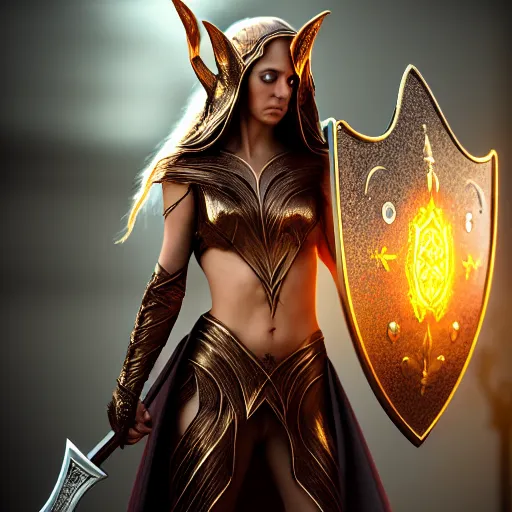 Image similar to full - body shot, cinematic movie image, beautiful hot elven female mage with a shield and a sword, ultra - hd, hcl, 1 2 - bit, ar, volumetric lighting, screen space global illumination, opaque, optics, lumen reflections, vfx, elegant, ornate, hyper realistic, super detailed, insanely detailed and intricate