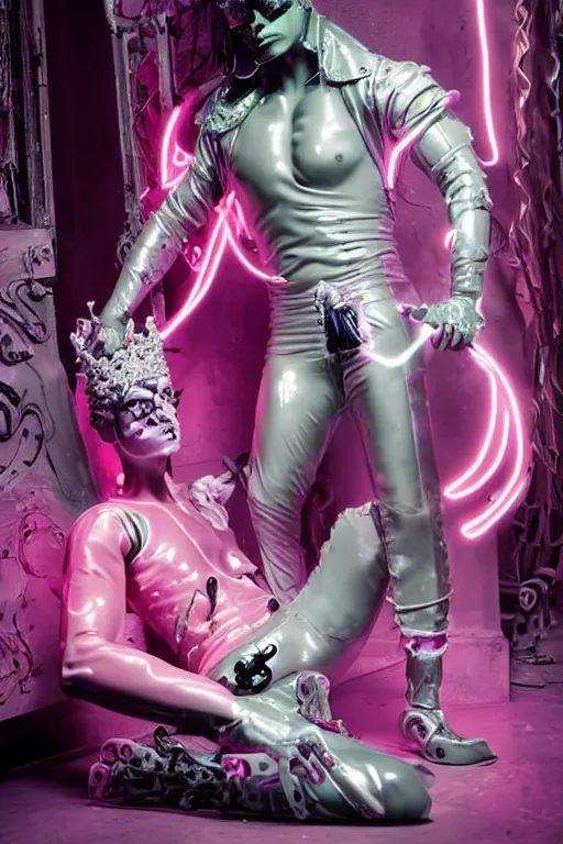 Prompt: full-body rococo and cyberpunk style neon statue of a muscular attractive Spanish macho android sim roupa reclining con las piernas abertas e la piroca e dotado, ethereal white dripping tar, glowing orange lasers, pink tigers, glowing eyes, silver prince crown, black gears, pink diamonds, swirling mint-colored silk fabric. futuristic elements. full-length view. human skulls. large intricate artwork by caravaggio. Trending on artstation, octane render, cinematic lighting from the right, hyper realism, octane render, 8k, depth of field, 3D