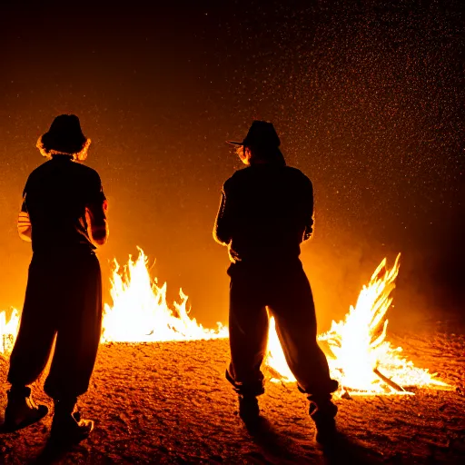 Image similar to photograph of three ravers photographed from behind, talking around a fire, photorealistic, dancefloor kismet, diverse costumes, clean composition, desert transition area, bonfire, night, australian desert, xf iq 4, symmetry, sony a 7 r, 1 5 0 mp, 5 0 mm