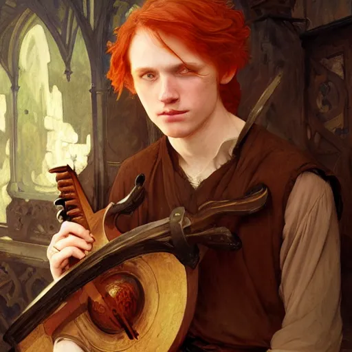 Prompt: portrait of a redhead young human male bard in a medieval tabern, playing the lute joyful, fantasy, highly detailed, digital painting, artstation, concept art, character art, art by greg rutkowski and tyler jacobson and alphonse mucha