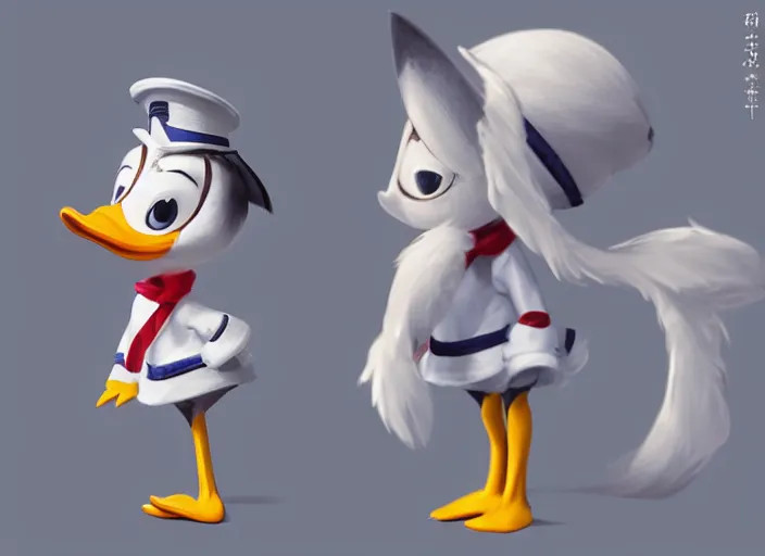 Prompt: award - winning detailed concept art of a cute iconic anthropomorphic duck character wearing a sailor suit. art by wlop on bcy. net, realistic. detailed feathers, art by cheng yi. artstationhd, artgerm, disney, pixar zootopia. 3 d rendering, high quality model sheet, donald