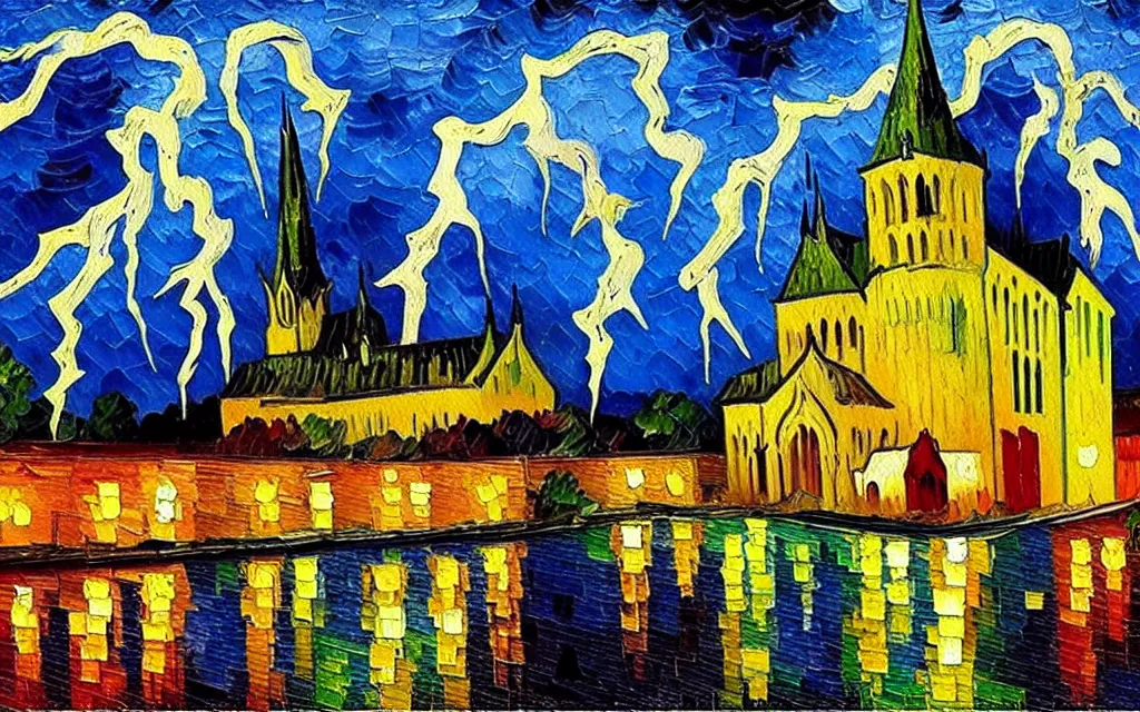 Prompt: expressionist oil painting by van gogh of lightning storm over a tall gothic church, landscape painting, expressionism, 8 k resolution, small brushstrokes, watercolor palette