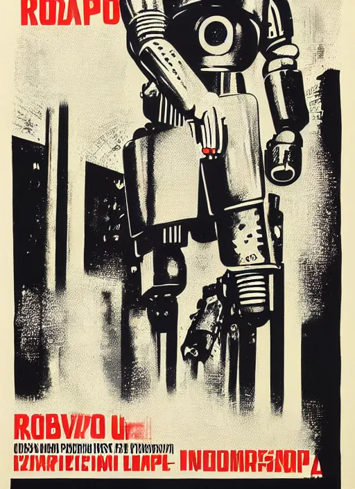 Prompt: Polish posters for RoboCop film. Screen printed, silkscreen, paper texture. 1968