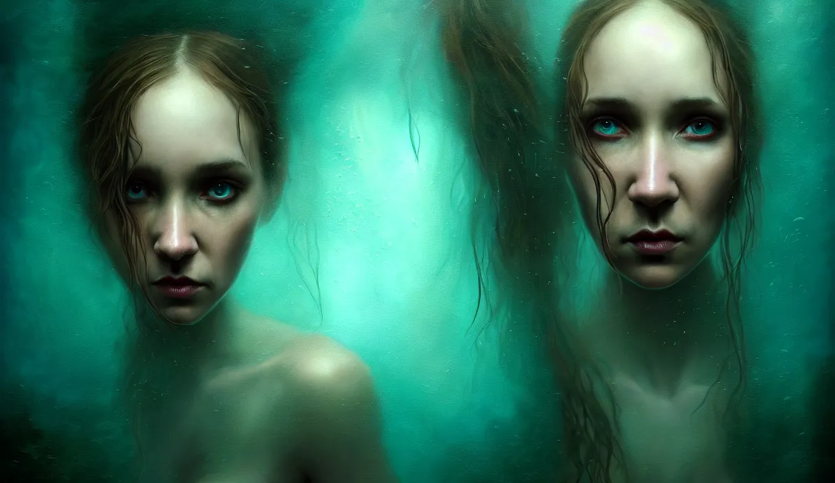 Image similar to epic professional digital art of hungry eyes, ambient teal light, painted, mysterious, closeup cinematic aquatic scene, eerie, mythic, detailed, intricate, grand, leesha hannigan, wayne haag, reyna rochin, ignacio fernandez rios, mark ryden, van herpen, artstation, cgsociety, epic, stunning, gorgeous, wow wow detail