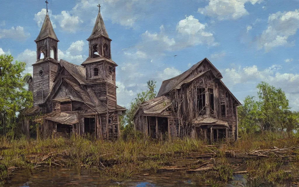 Image similar to an old wooden church rotting away in the bayou, realistic, oil painting, dynamic composition, ultra detailed