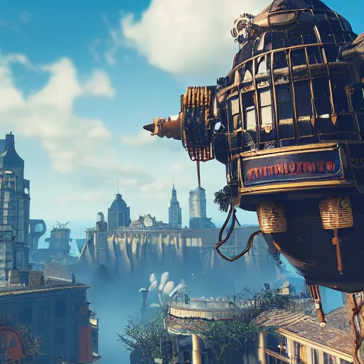 Prompt: a flying steampunk fortress, bioshock infinite, detailed, behrens style, unreal 5 render, fantasy digital art, octane render, beautiful composition, trending on artstation