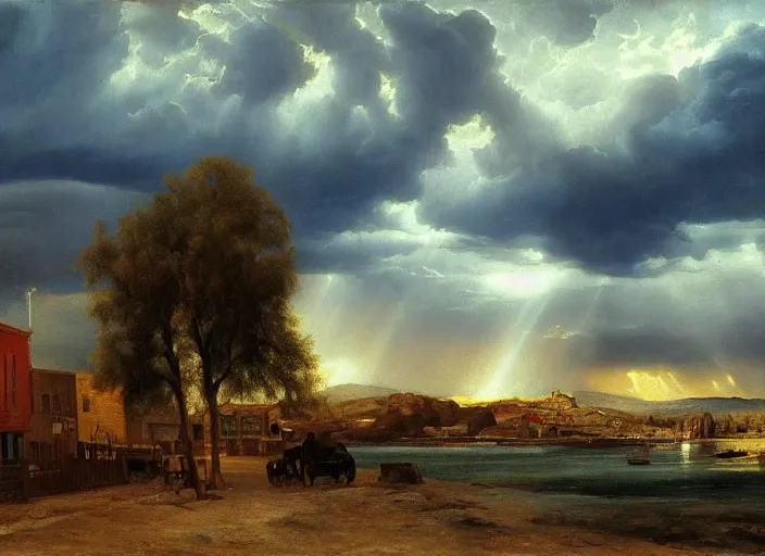 Image similar to oil painting of american old west town, harbour, dramatic storm clouds, dusty street, sunrays, dramatic, very very very beautiful art, cinematic lighting, romanticism by goya, bright art, pastel color, blue sky, sunny summer day, tall rocky mountains