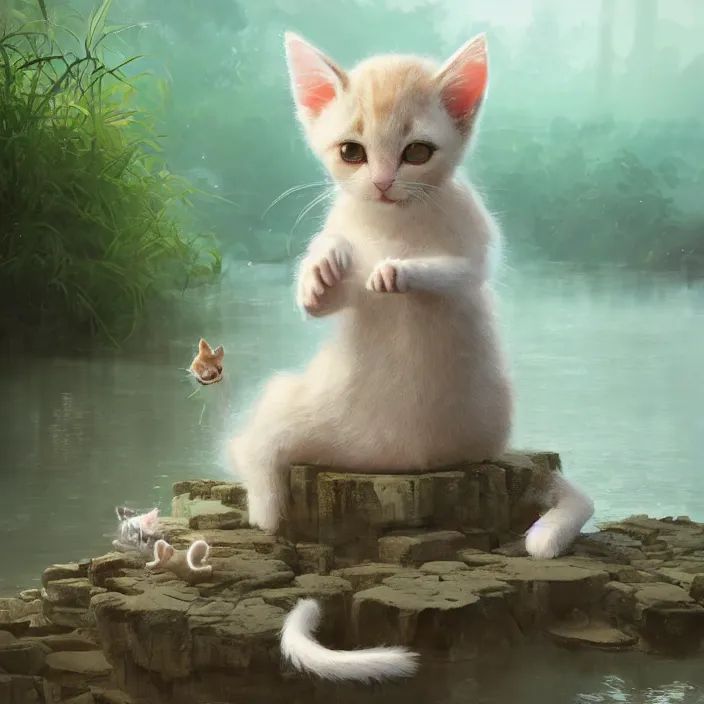Prompt: a painting of a cute light beige kitten with dark brown ears and face and legs and tail and white paws at a river. character design by cory loftis, fenghua zhong, ryohei hase, ismail inceoglu and ruan jia. volumetric light, detailed, rendered in octane