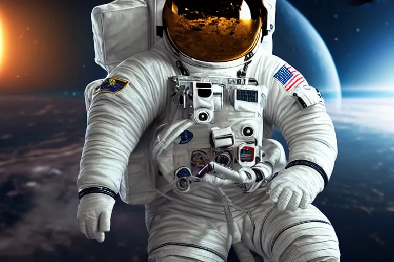 Image similar to astronaut in space wearing a spacesuit floating, highly detailed, photorealistic portrait, bright studio setting, studio lighting, crisp quality and light reflections, unreal engine 5 quality render