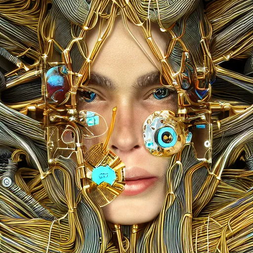 Image similar to give me a higher love, piles of modular synth cables, goddess swimming up wearing a headpiece made of circuit boards, by cameron gray, wlop, stanley kubrick, masamune, hideki anno, unique perspective, trending on artstation, 3 d render, vivid