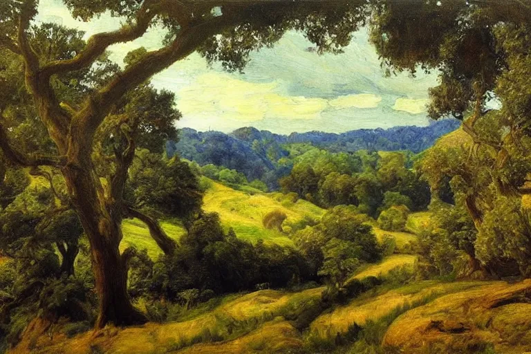 Prompt: masterpiece painting of oak trees on a hillside overlooking a creek, dramatic lighting, by annie swynnerton