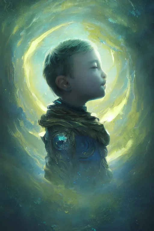 Image similar to a fancy portrait of a small golden celestial child in a blue and green portal, by greg rutkowski, sung choi, mitchell mohrhauser, maciej kuciara, johnson ting, maxim verehin, peter konig, bloodborne, 8 k photorealistic, cinematic lighting, hd, high details, dramatic, dark atmosphere, trending on artstation