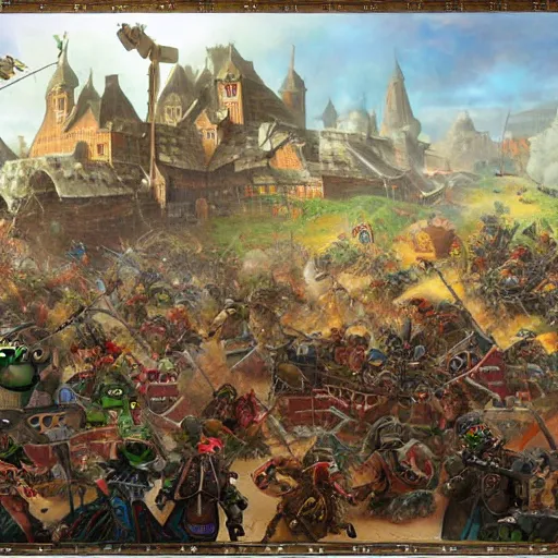 Prompt: muppet siege warfare, epic battle painting with extreme detail, very wide panorama