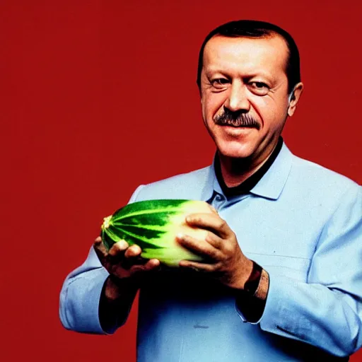 Image similar to recep tayyip erdogan smiling holding watermelon for a 1 9 9 0 s sitcom tv show, studio photograph, portrait c 1 2. 0