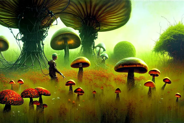 Prompt: surreal painting by craig mullins and greg rutkowski | garden flowers + poison mushrooms surrounded by cables + long grass + garden dwarfs annihilate giant mosquito, 7 0's vintage sci - fi style, cinematic