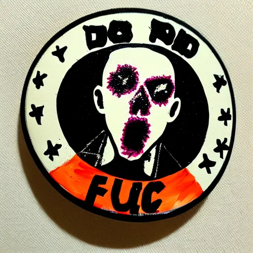 Image similar to painting on a badge, punks not dead!, exploited, clash, junk yard, rats, punk rock album cover art style, grunge, no future