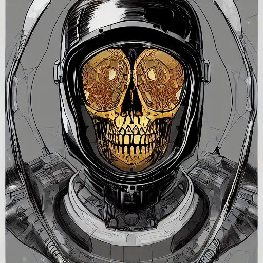 Prompt: !dream portrait of a dead cyberpunk space pirate in concept armor with golden cyborg skull in a futuristic prototype oxygen intake helmet by Abigail Larson + Alan Lee + Audrey Kawasaki + Giovanni-Piranesi + Winsor-McCay + Howard-Pyle, headshot, 8k vhs glitch, cinematic, sharp focus, smooth, sense of awe