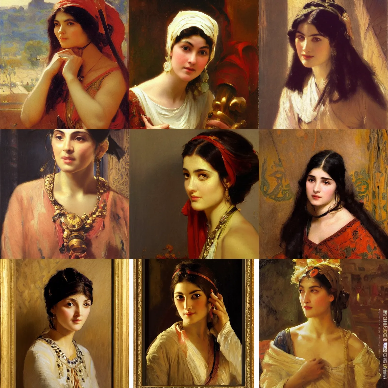 Prompt: orientalism painting of a pretty young woman with a prominent widow's peak face detail by theodore ralli and nasreddine dinet and anders zorn and edwin longsden long, bronze age, sword and sorcery, oil on canvas, masterful intricate artwork, excellent lighting, high detail 8 k