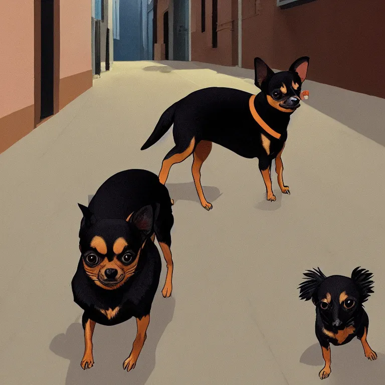 Prompt: anime visual of a black and tan chihuahua walking down an alley ; by kehinde wiley ; official media, cinematic lighting, high quality, trending on artstation