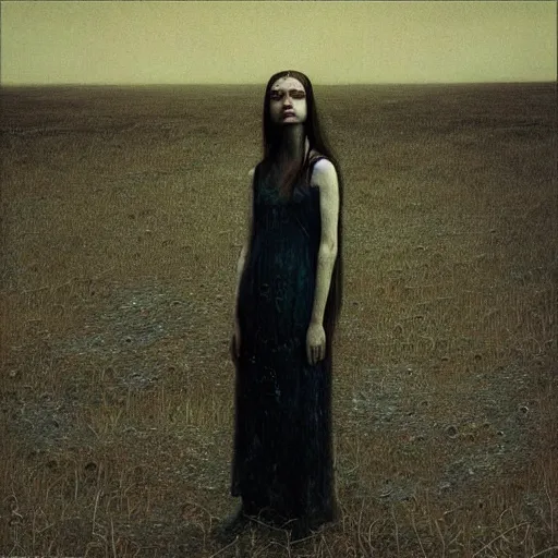 Image similar to elle fanning in prey in style of zdzisław beksinski, standing in wasteland, horror art, creepy, desolate,