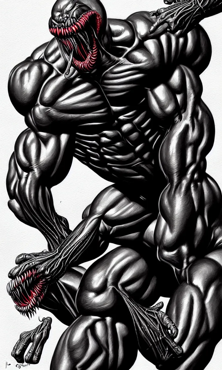 Image similar to legs and feets study of hyper realist full body long shot portrait of bodybuilder venom from marvel comics!!!!, large mouth with teeth, large tongue, lovecraftian horror!!, fantasy, intricate, elegant, highly detailed, digital painting, artstation, concept art, matte, sharp focus, illustration, art by glenn fabry and giger